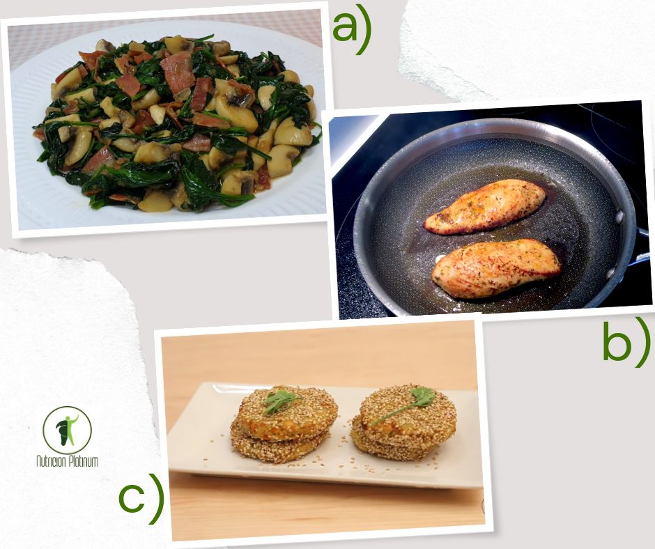 SALTEADO DE ESPINACAS CON PECHUGA DE POLLO Y HAMBURGUESAS DE GARBANZOS